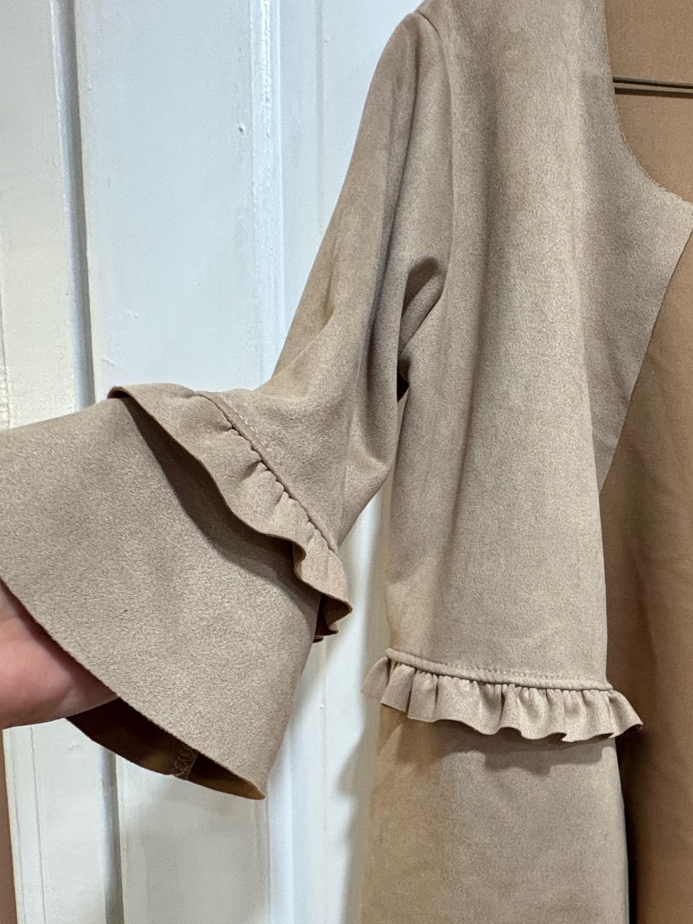 Ruffled Open Front Faux Suede Coat in Camel Made in Italy - Picture 2 of 7